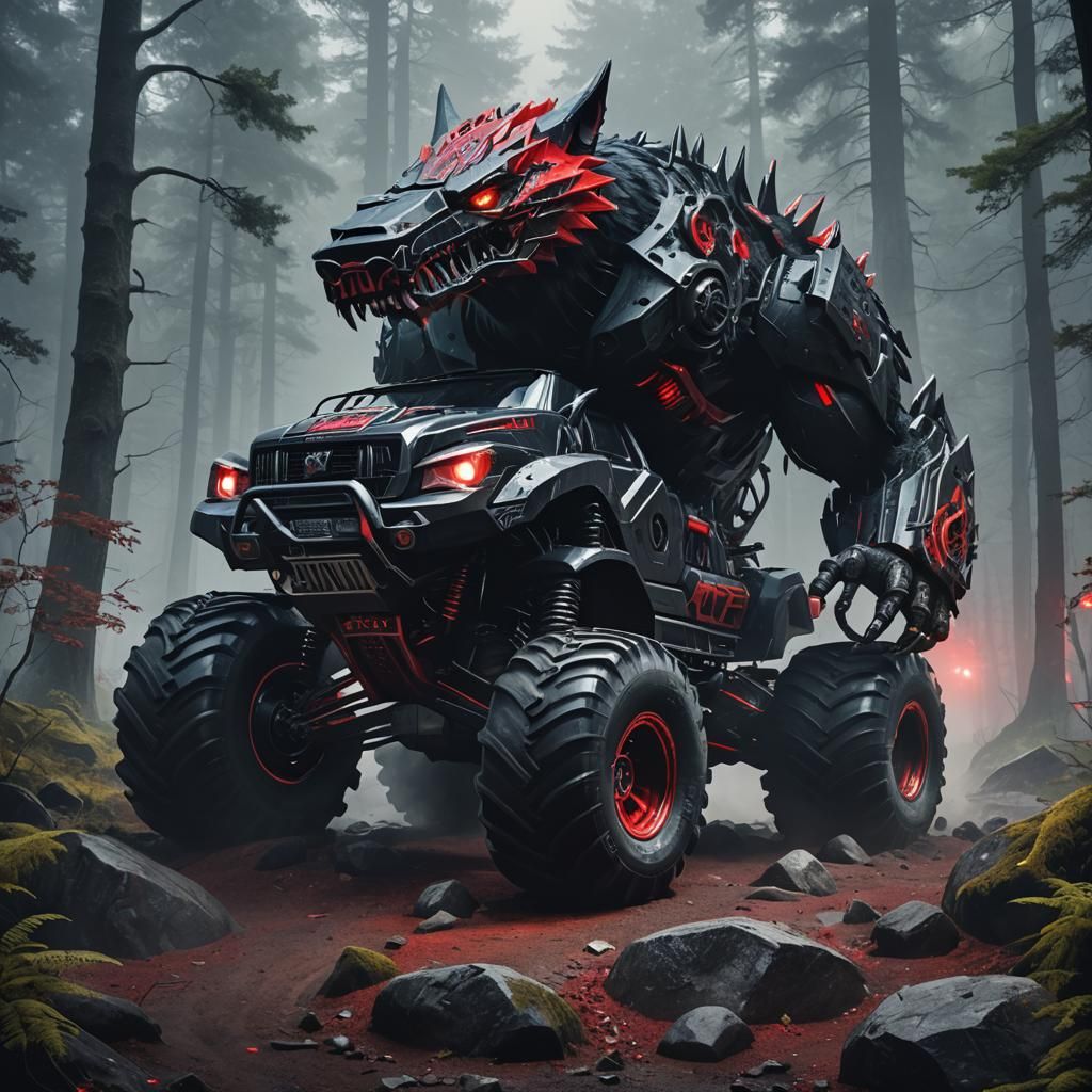 Futuristic Wolf Monster Truck in Misty Forest