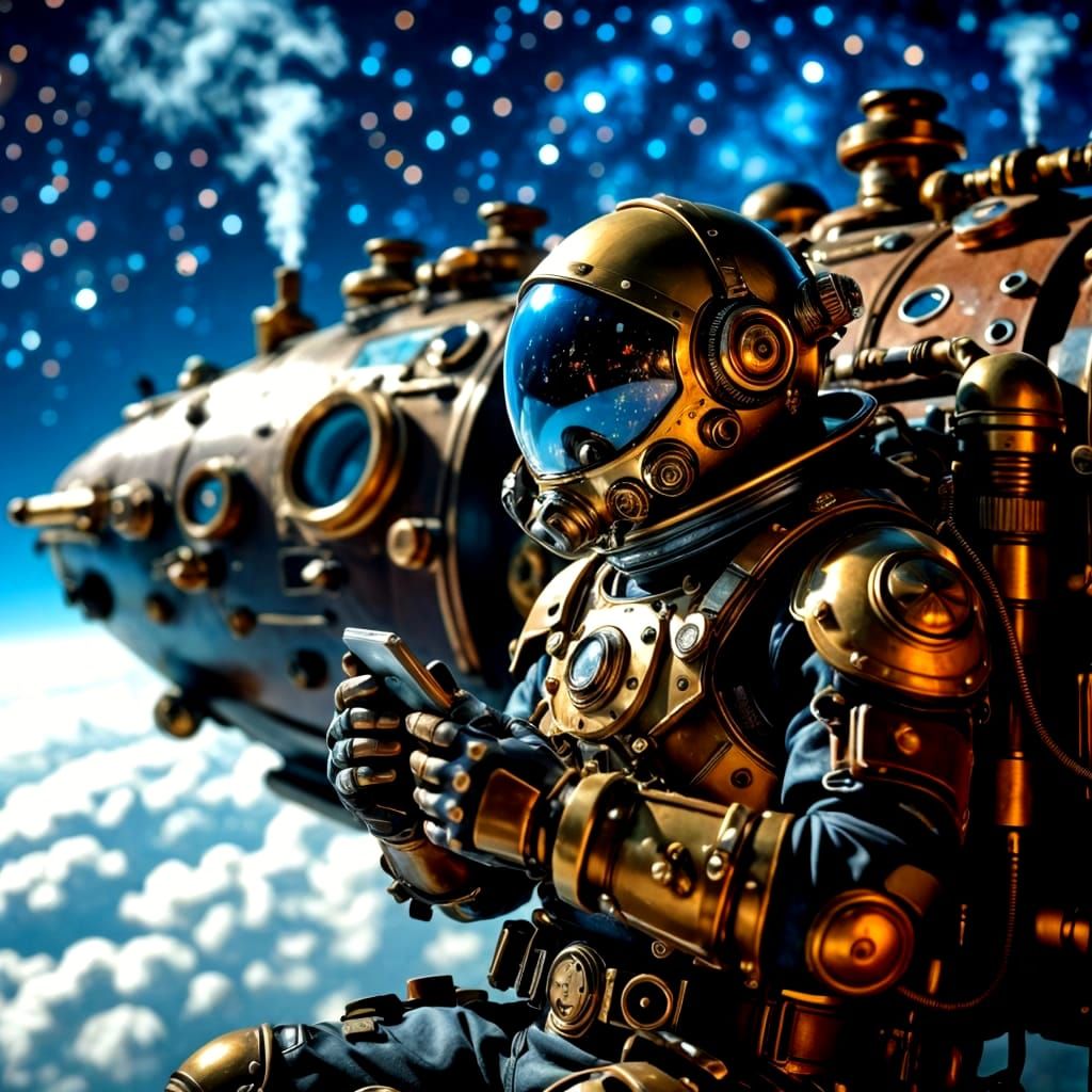 Steampunk Astronaut Repairs Spacecraft Amidst Starry Sky