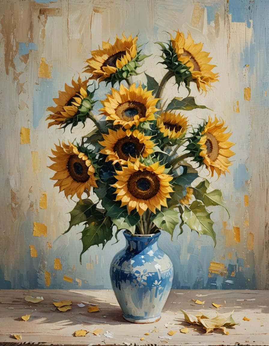 Still Life Sunflowers in Impressionist Oil Painting Style