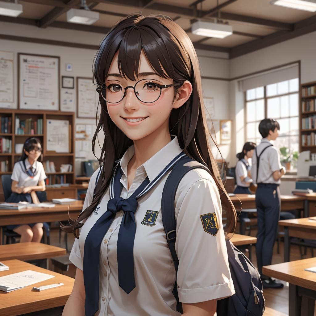 Brunette in Glasses: 3D Anime Art Portrait