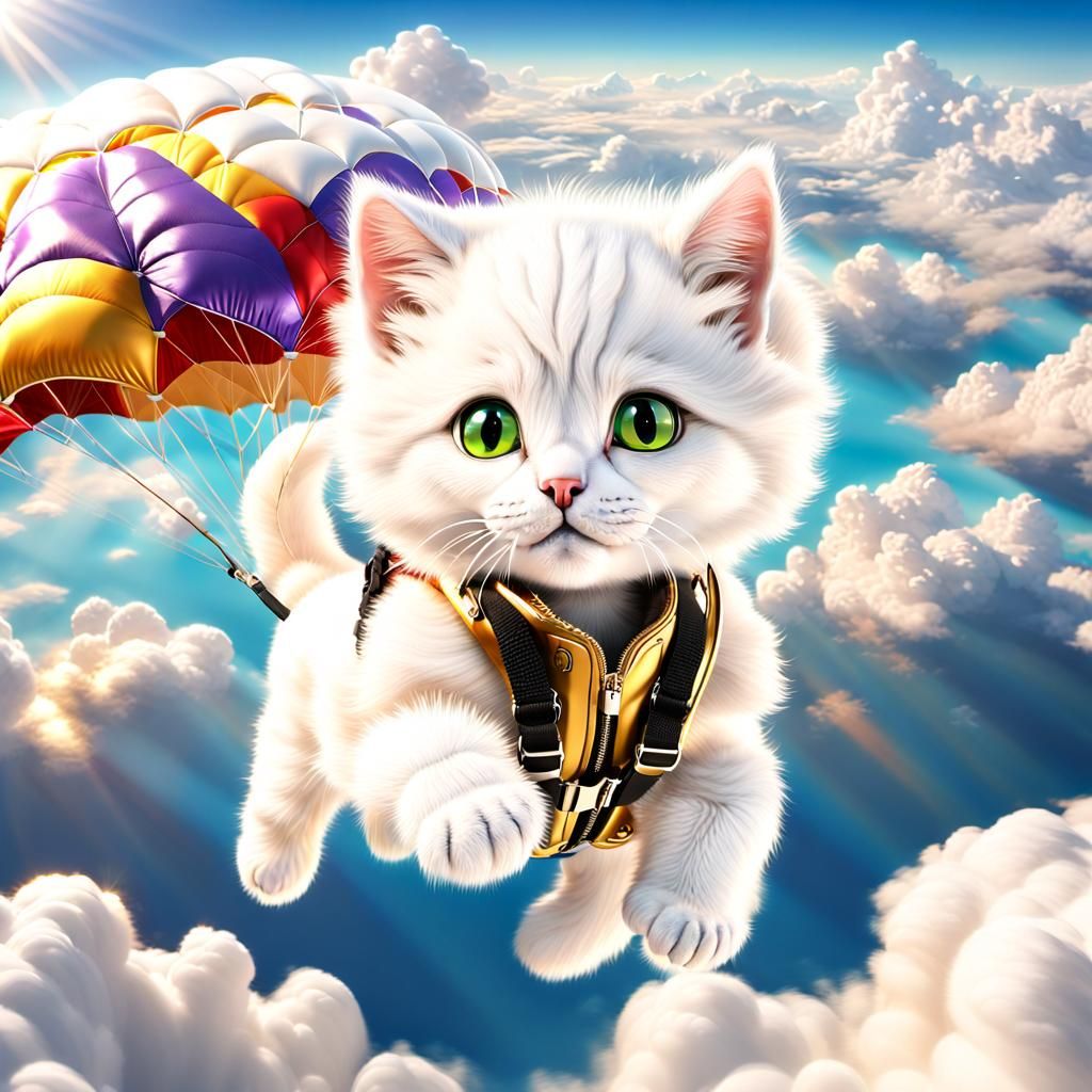 Hyperrealistic 3D rendering. Long shot. White kitten skydiving with open parachute amidst beautiful clouds and scenery. ...