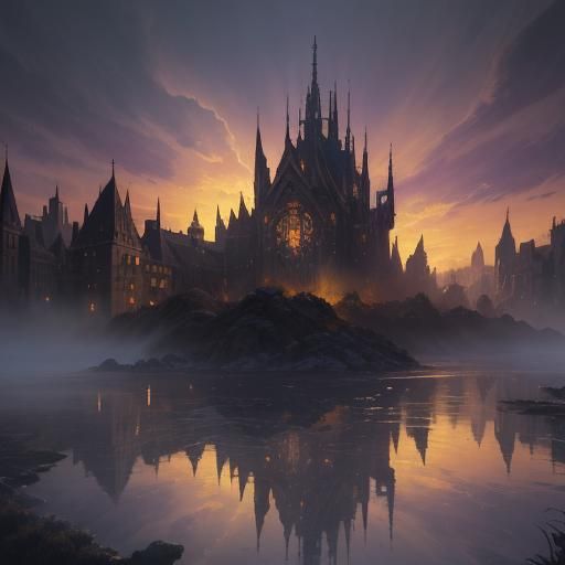 Dragon Attack on Medieval Village: Dark Fantasy Art