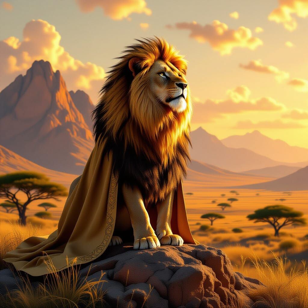 Lion with Sun Mane Overlooking Golden Savannah