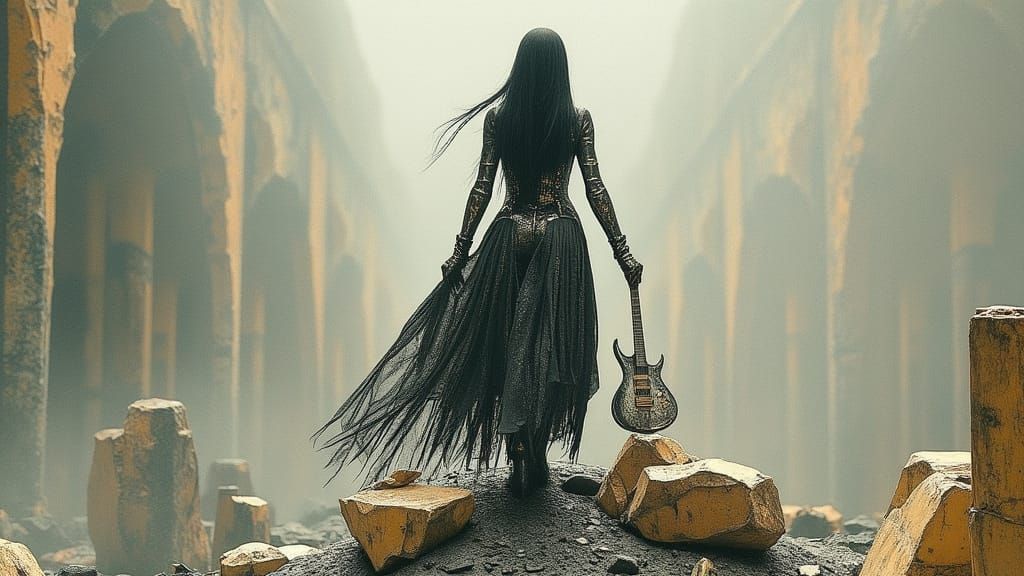 Victorious Woman in Post-Apocalyptic Paper Landscape