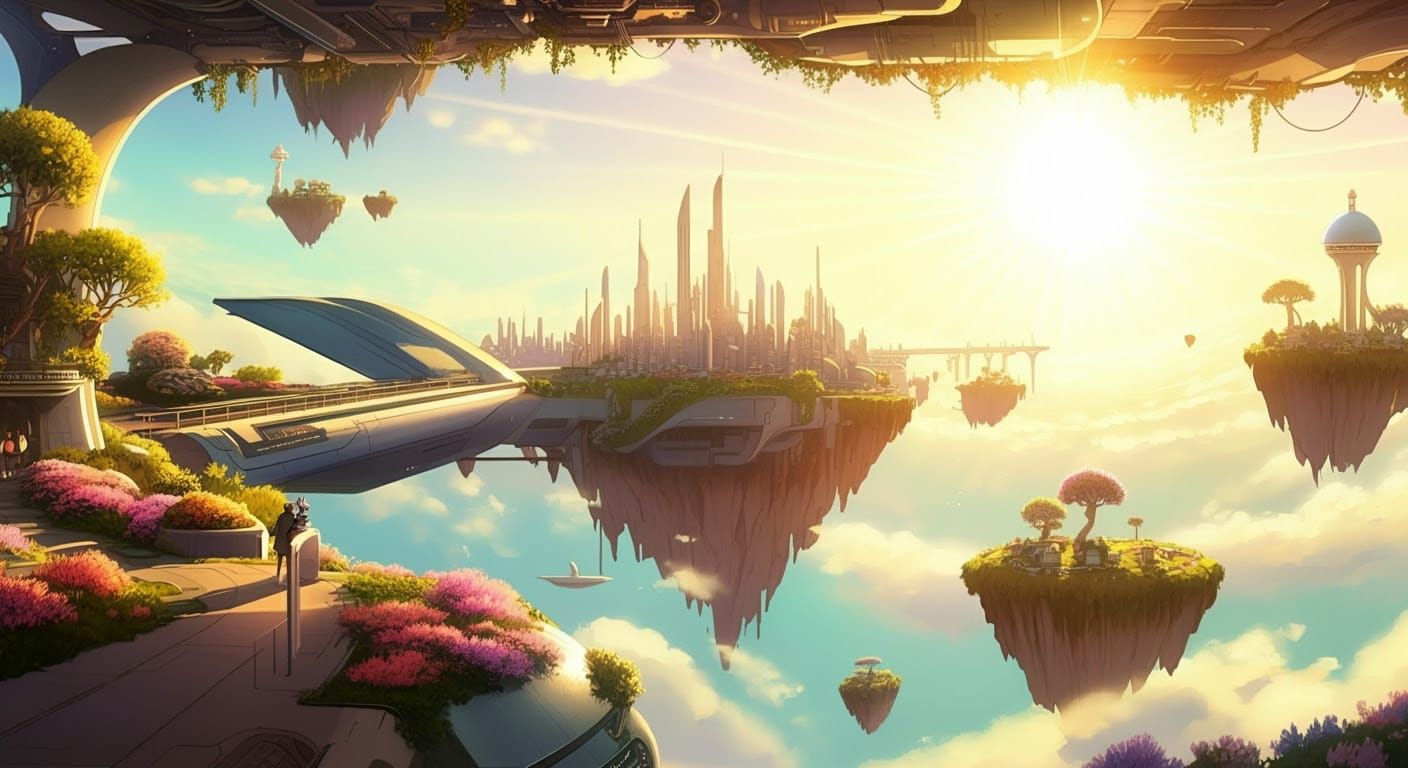 Utopian Sky City: Floating Gardens in Pastel Colors