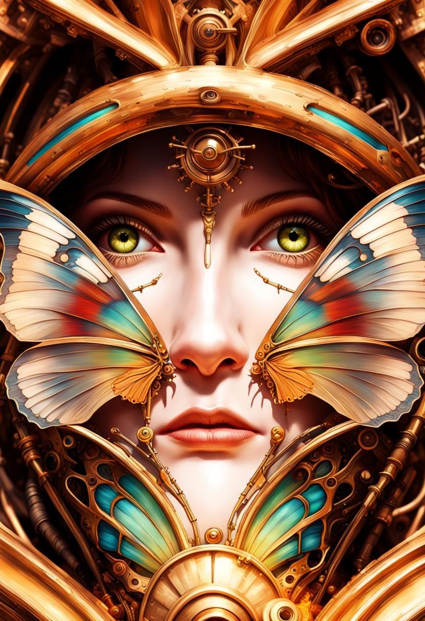 Hyperrealistic Butterfly Goddess with Steampunk Engine