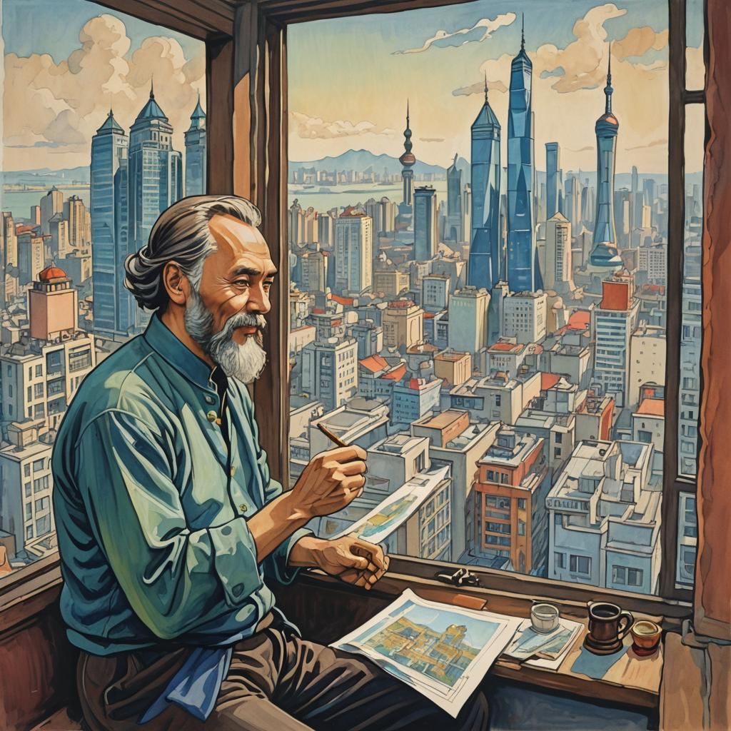 A portrait of the artist Roerich in   the city  Shanghai. Ni...
