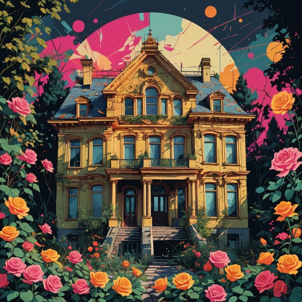 Eerie Mansion in Pop Art Style with Moonbeams