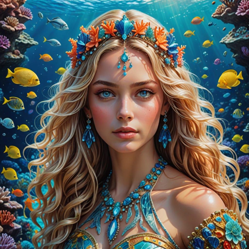Goddess of the Sea in Vibrant Jewels and Coral