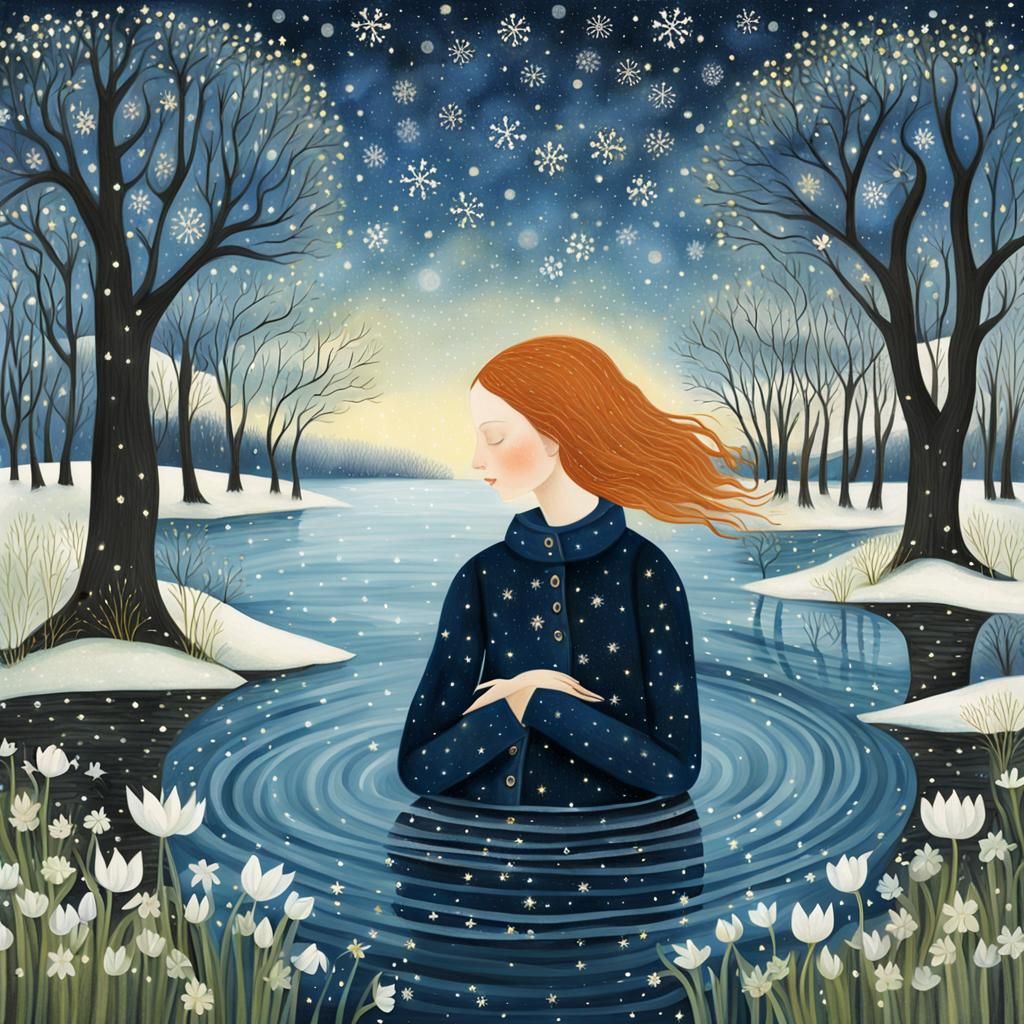 Dreamy Winter Galaxy Illustration with Girl and Snowdrops