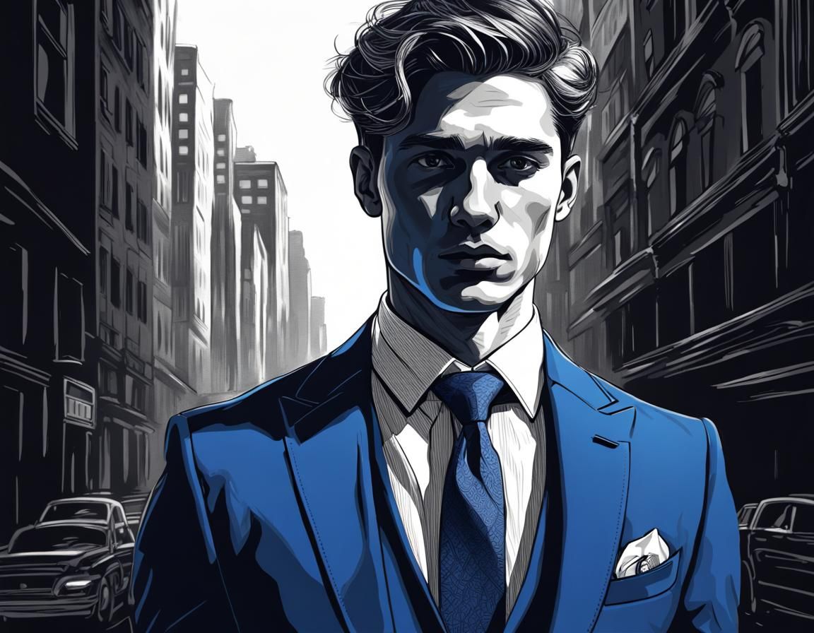 Monochrome Line Art Portrait of a Young Man in Noir Style