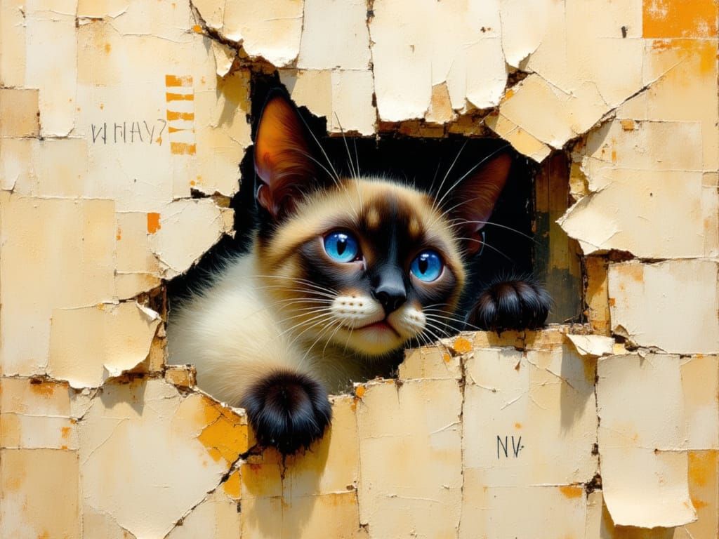 Siamese Cat Escapes Torn Paper Artwork