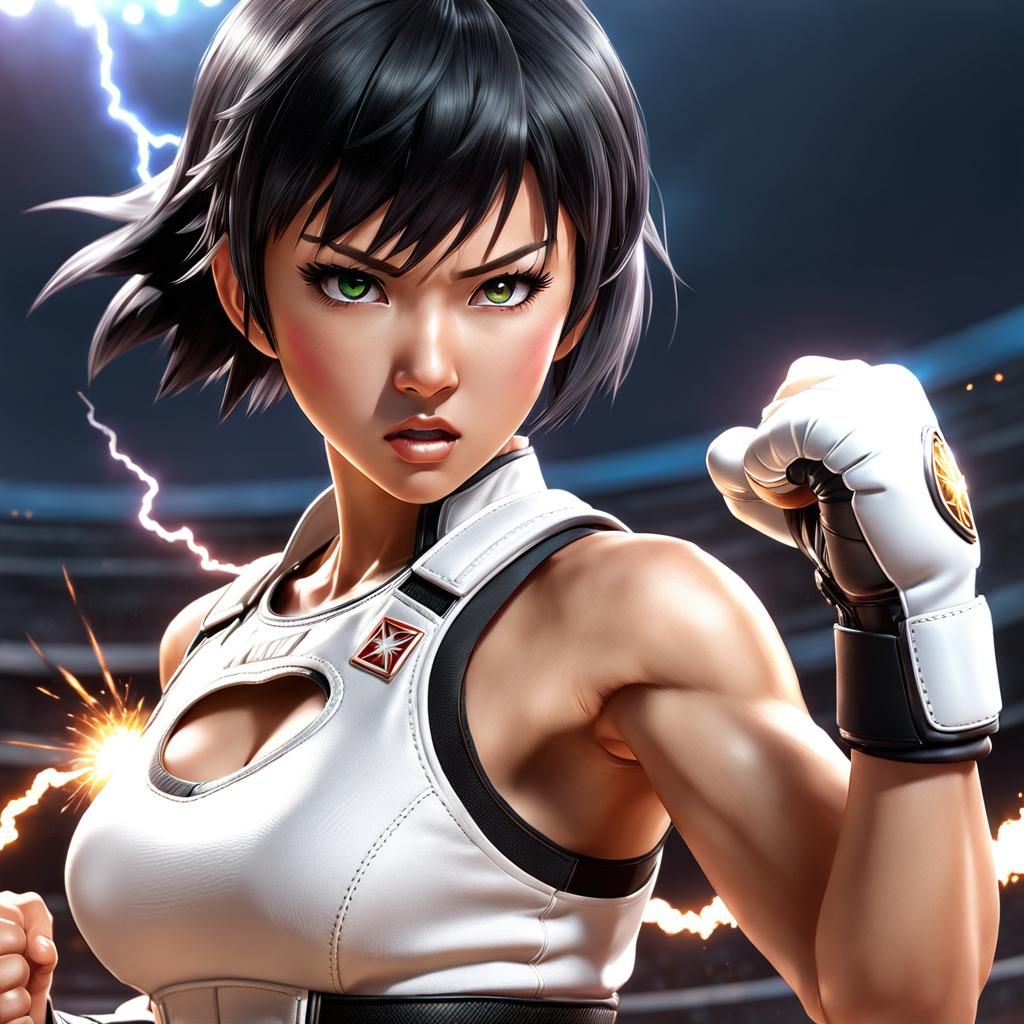 Anime Woman with Lightning Fist in Fighting Arena