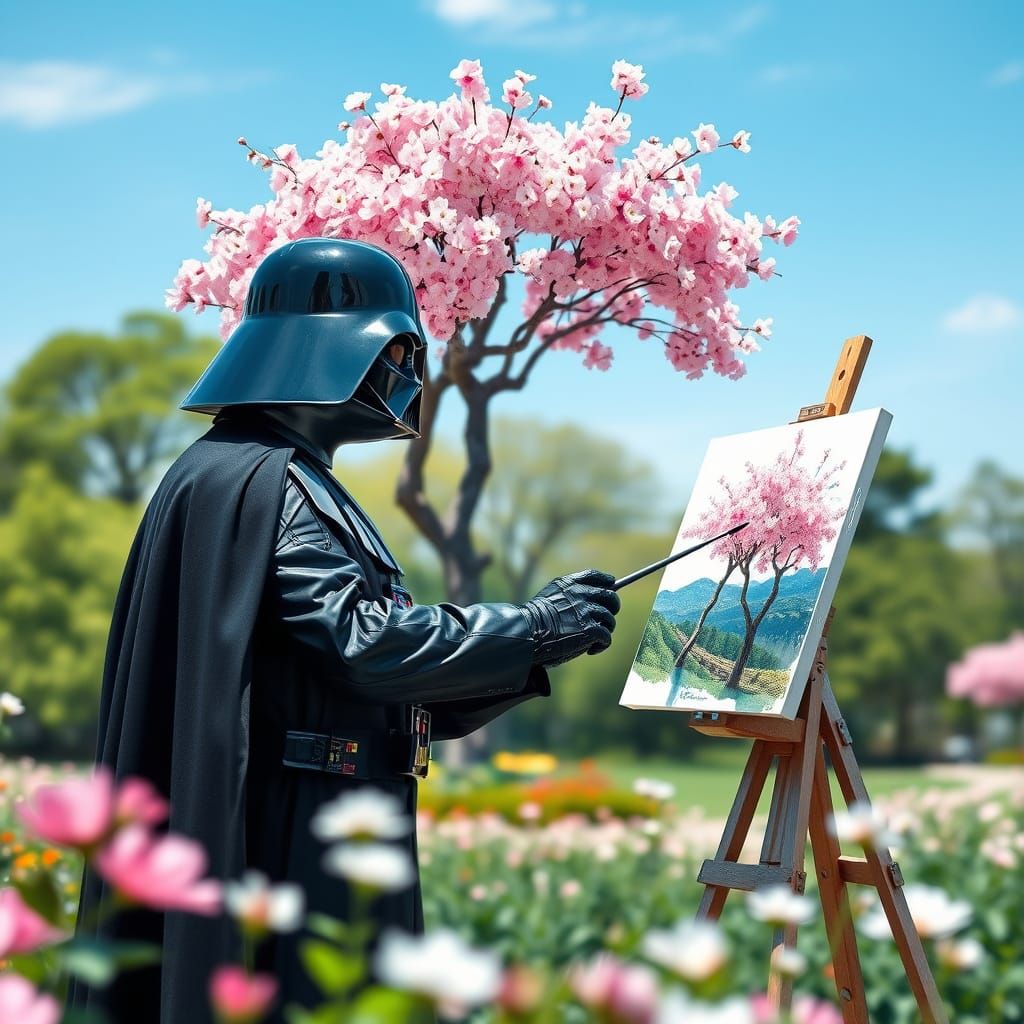 Darth Vader Paints Serene Cherry Blossom Scene in Watercolor