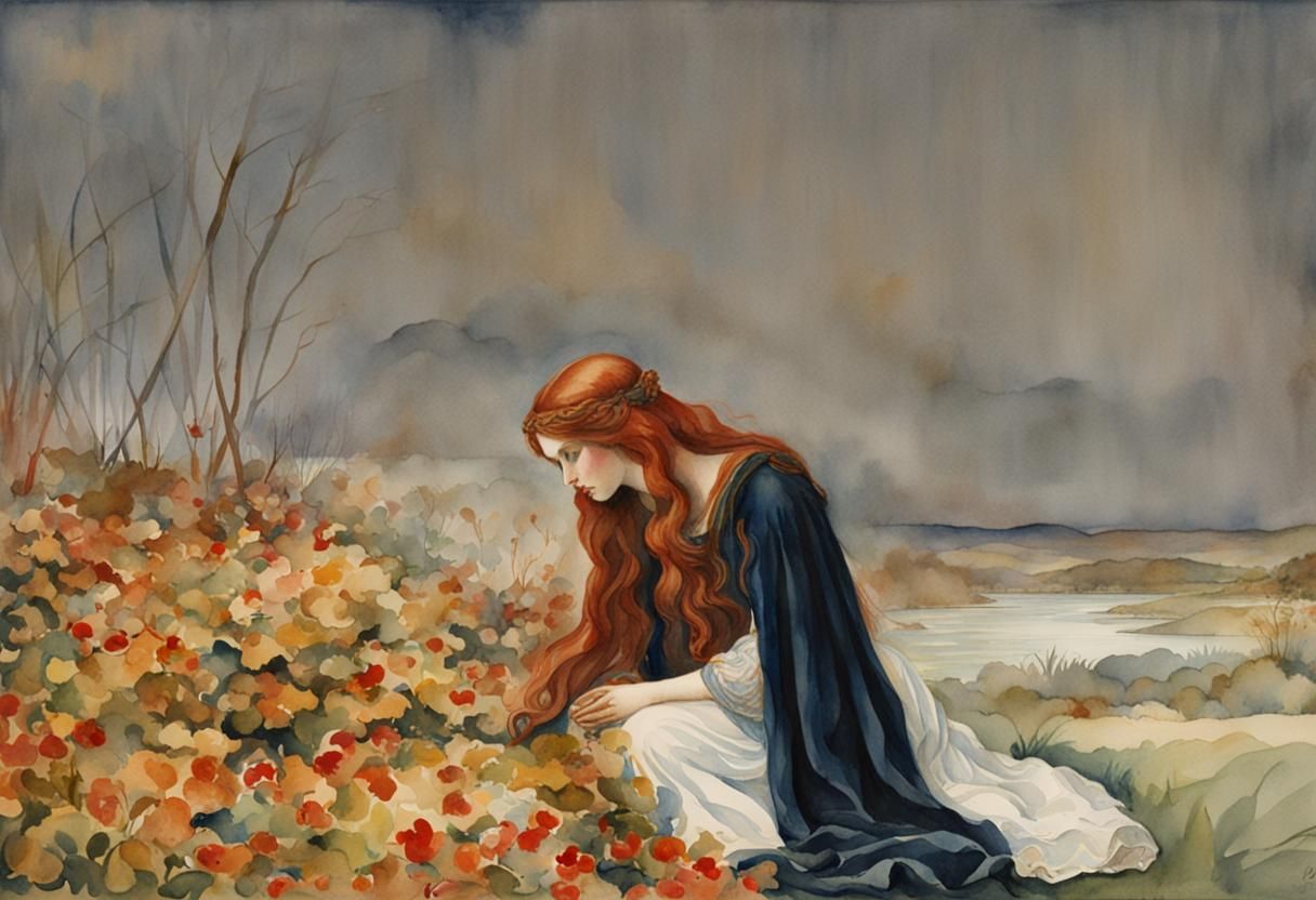 Pre-Raphaelite Watercolor Painting of Red-Haired Woman