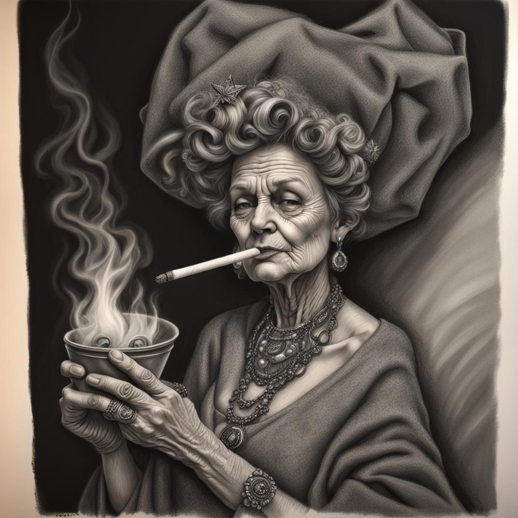 Hyperdetailed Charcoal Drawing: Trash Fairy Godmother Smokin...