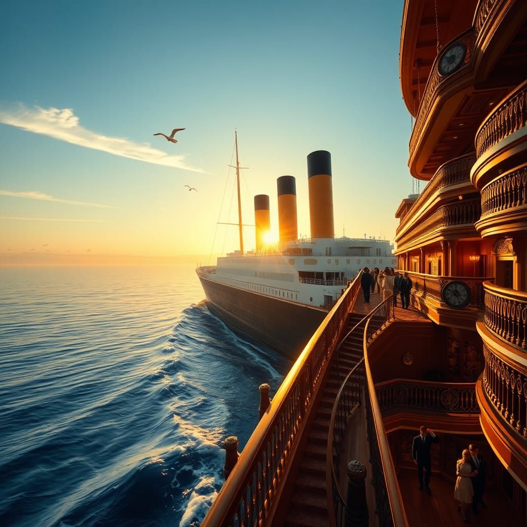 Titanic Sails Calm Waters in Golden Light