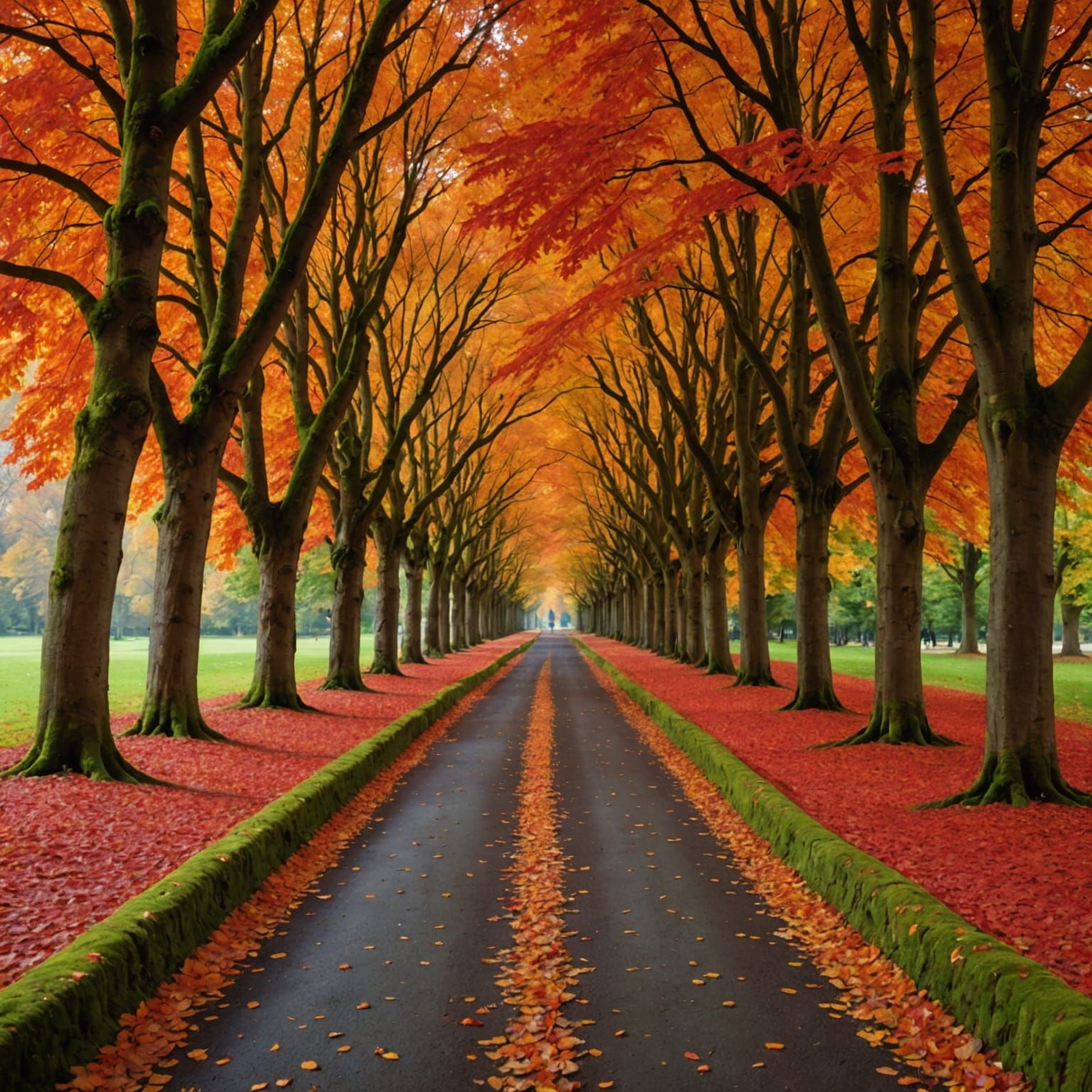Breathtaking Autumn Pathway Through Fiery Maple Trees