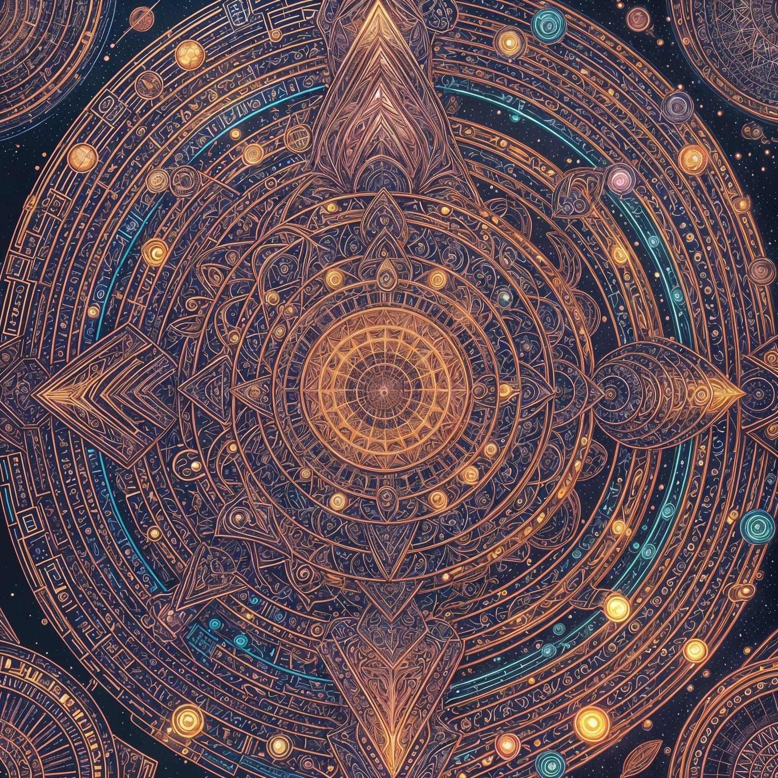 Futuristic Digital Mandala with Neon and Cosmic Elements