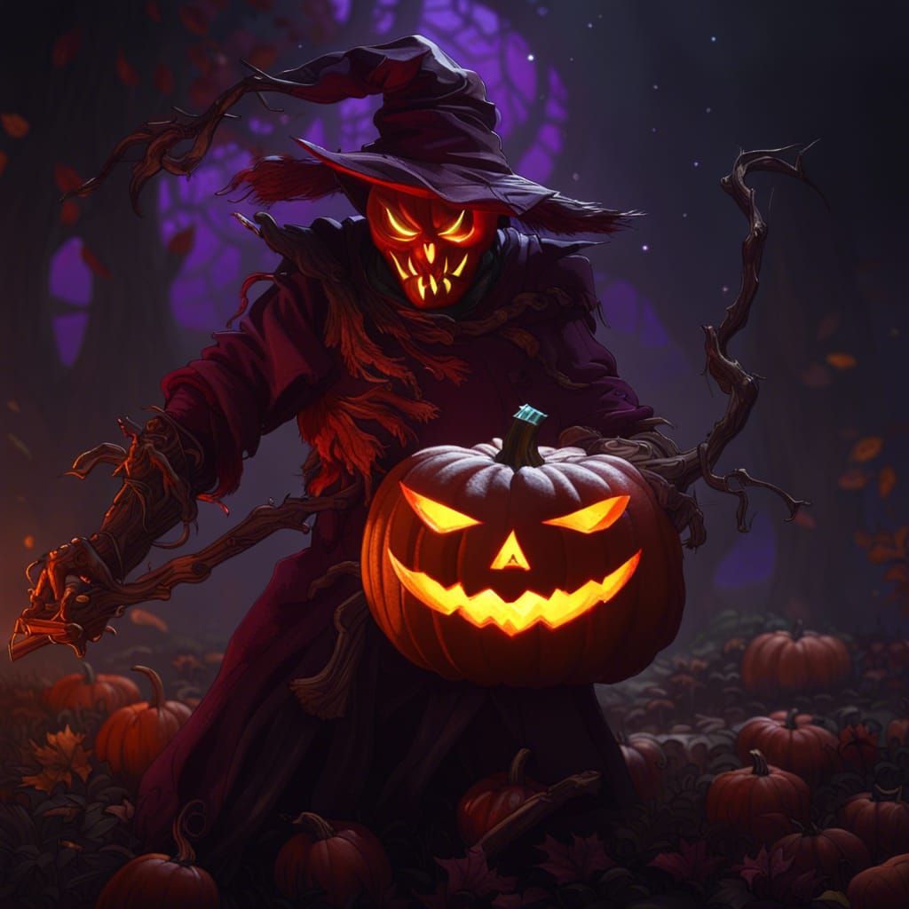 Evil Pumpkin Slaying Scarecrow: Dark Fantasy Masterpiece