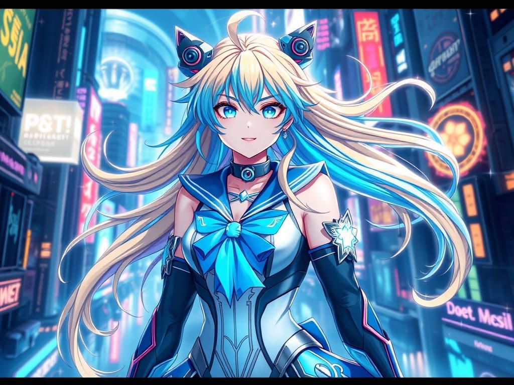 Ethereal Sailor Neptune in Cyberpunk Metropolis
