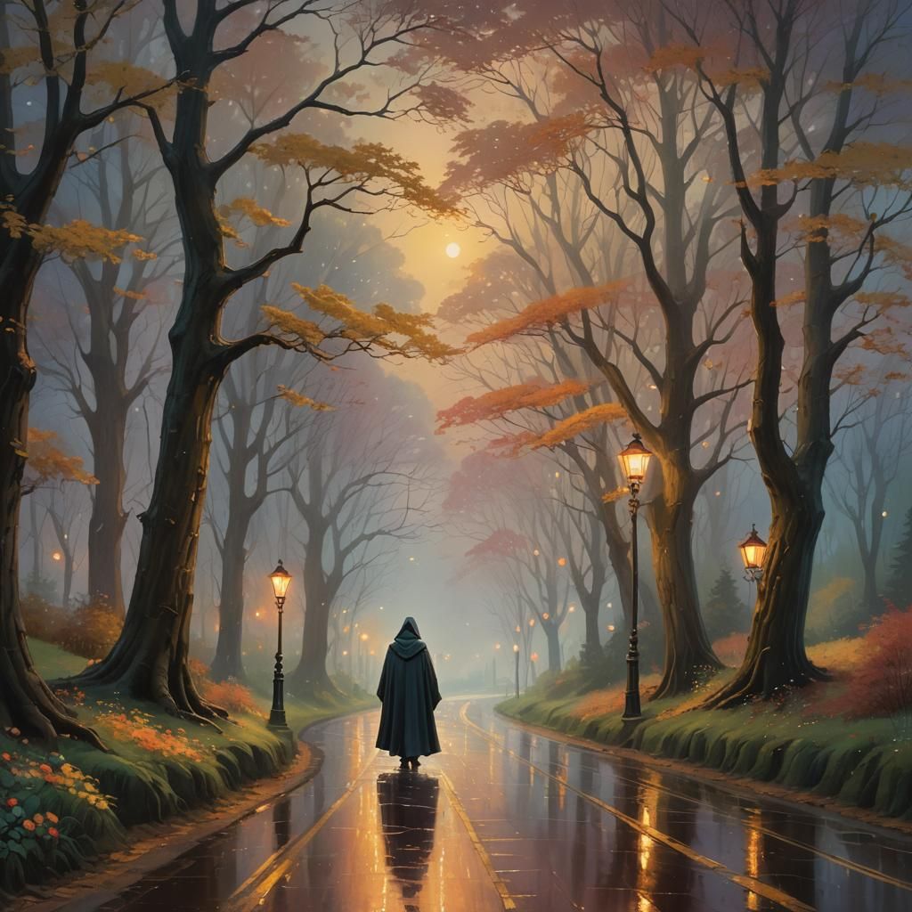 Ethereal Rainy Night Fantasy Landscape