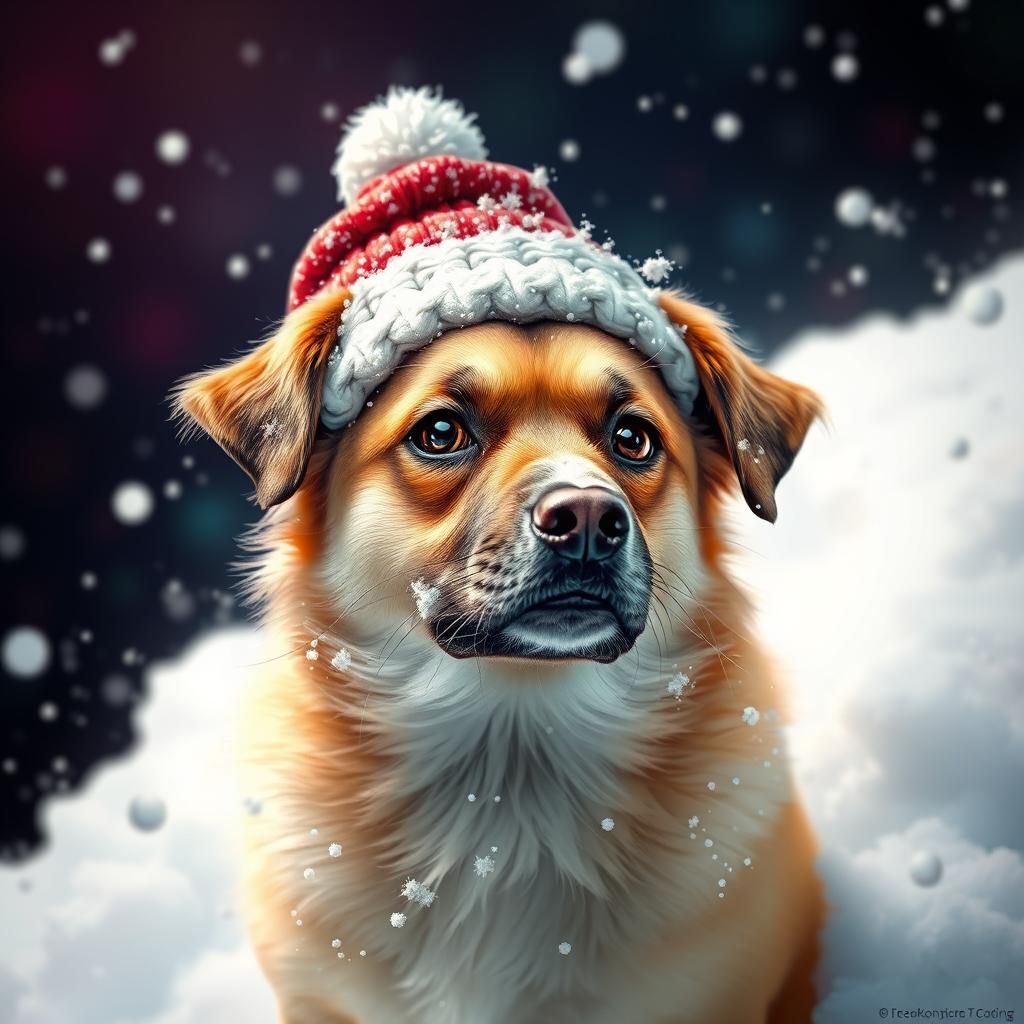 Dog in Snow with Christmas Beanie: Hyperrealistic Art