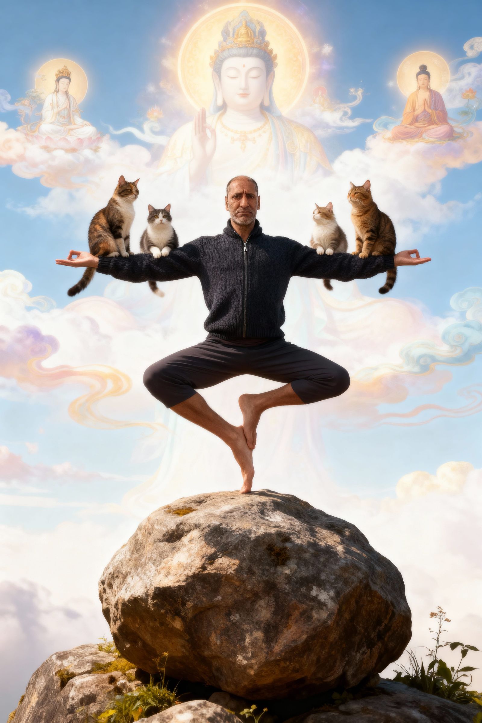 Man in Yoga Pose With Cats on Arms on Rock