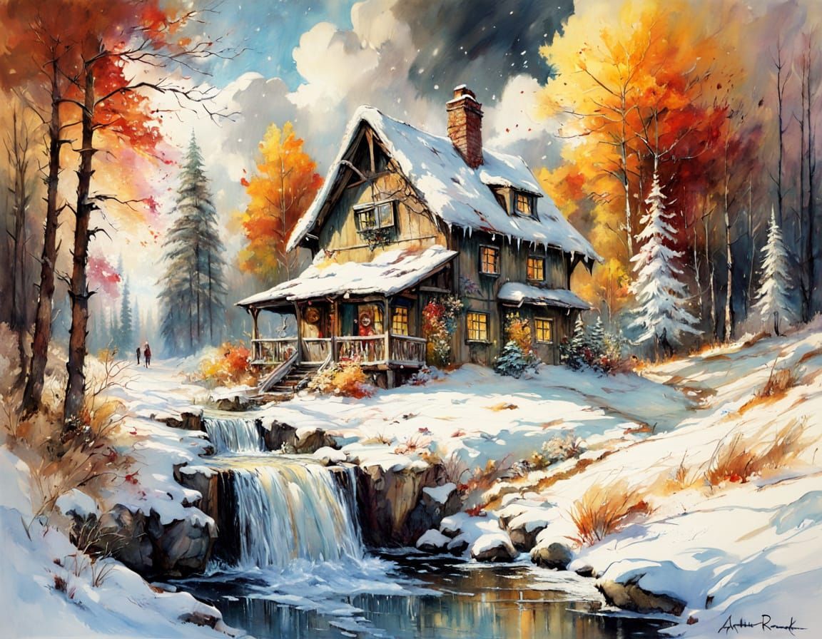 Autumn Waterfall with Snow and Cottage Oil Painting