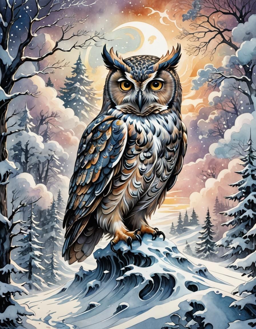 Owl in Snowy Landscape: Watercolor Comic Book Art