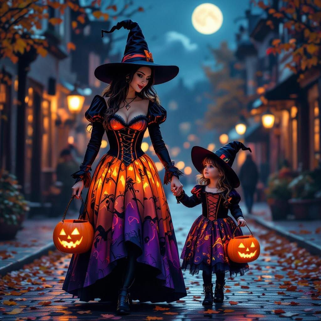 Witches Trick-or-Treating on Halloween Night