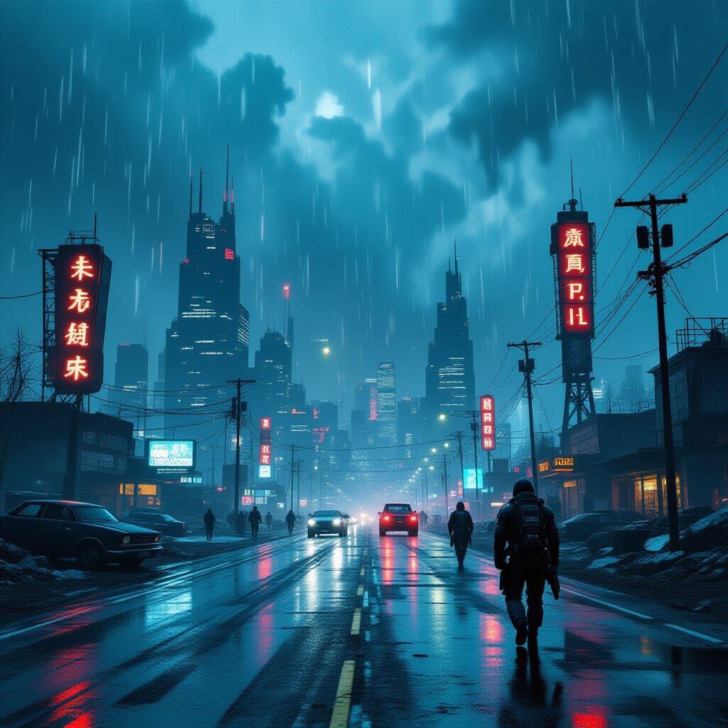 Post-Apocalyptic Cityscape in Heavy Rain and Snow