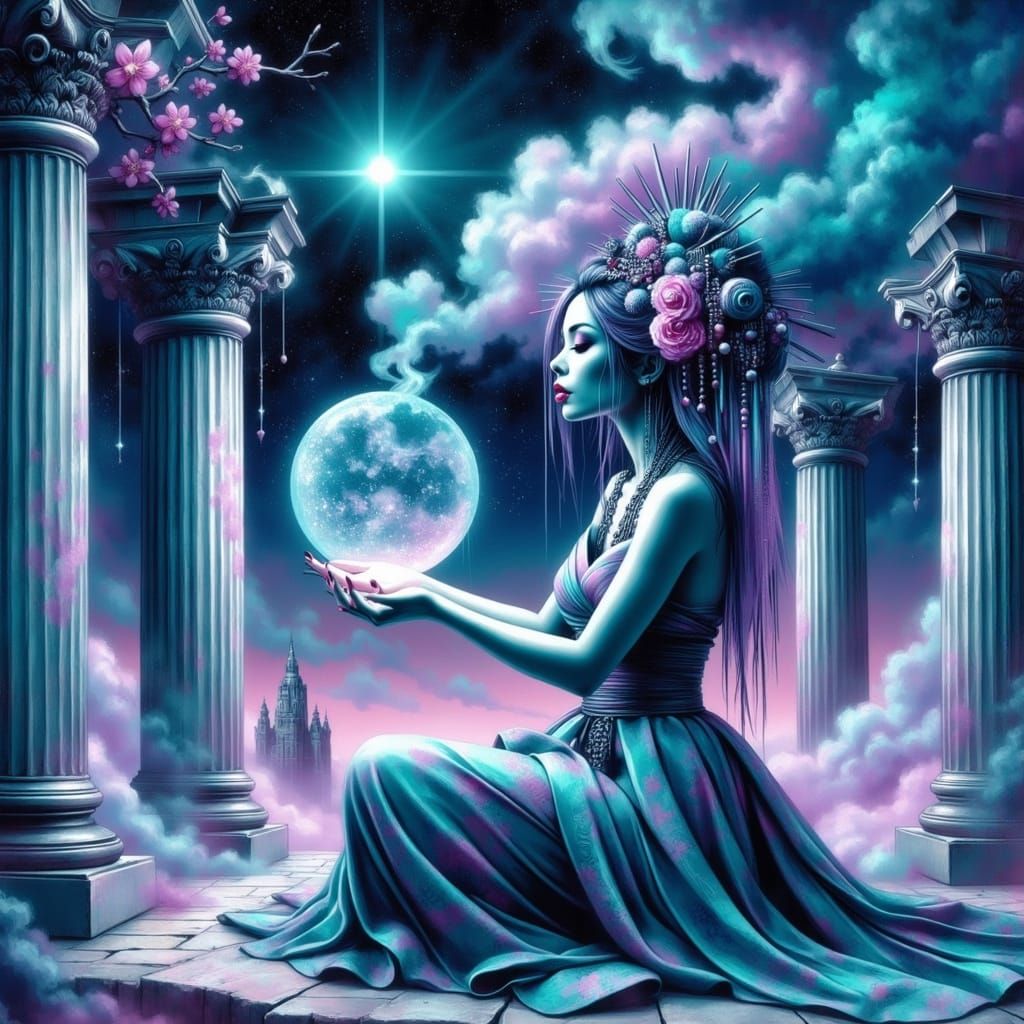 Ethereal Oracle Forming Moon of Light and Smoke