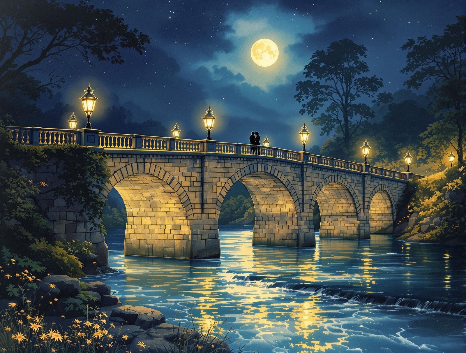 Lovers on Stone Bridge in France at Night