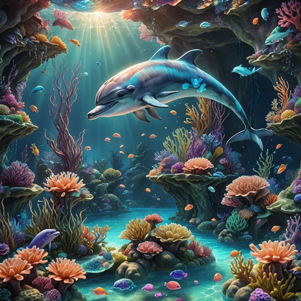 Glowing Dolphin in Bioluminescent Coral Reef