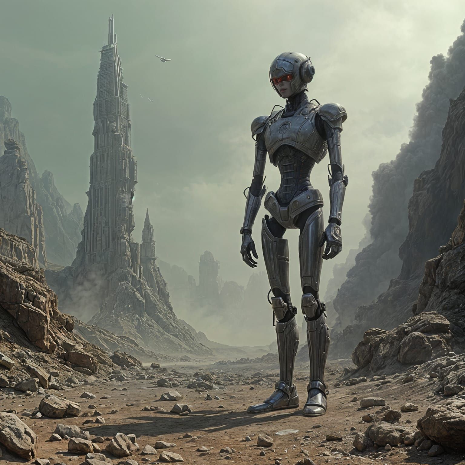 Dystopian Robotic Ruler in Post-Apocalyptic Landscape