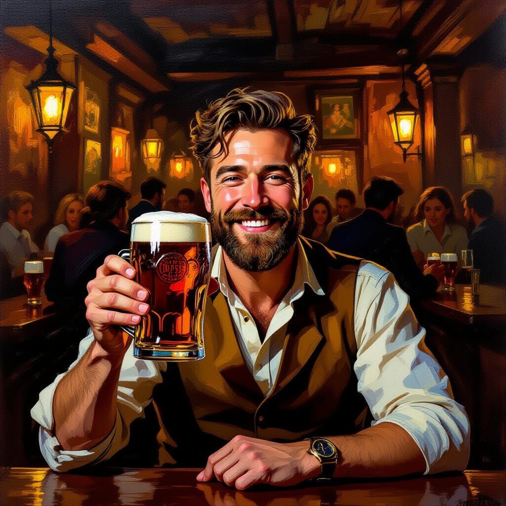 Man Raises Pint in Lively Pub, Impressionistic Oil Painting ...