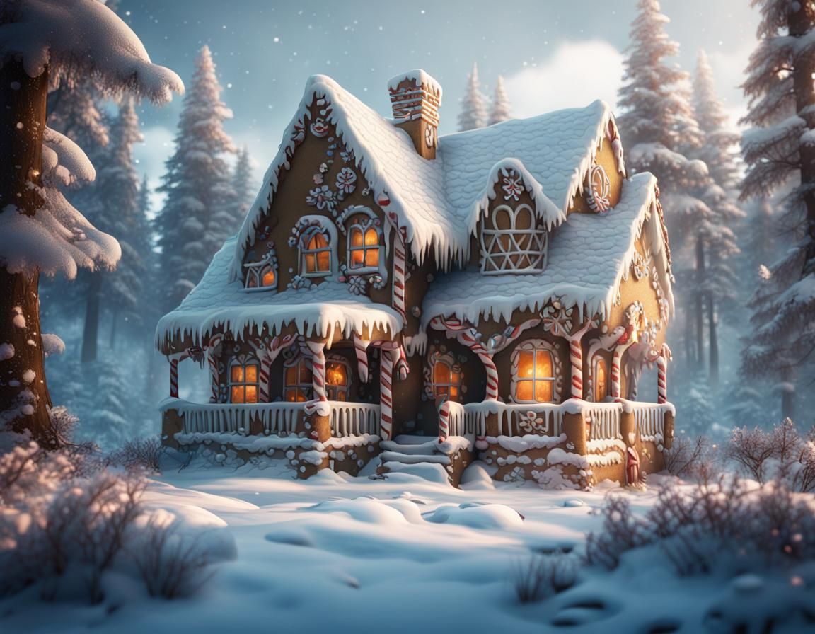 Gingerbread House in Winter Forest: Fantasy Concept Art