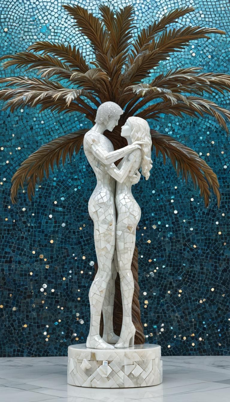 in the foreground the palm tree , the trunk of which is a sc...