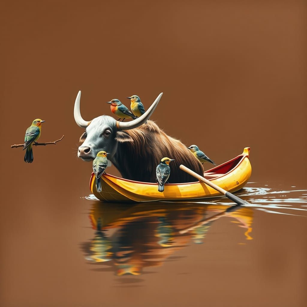 Yak on Chocolate Lake in Gouache Style