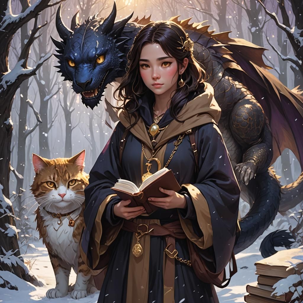 Girl, Cat, and Dragon in Winter Forest