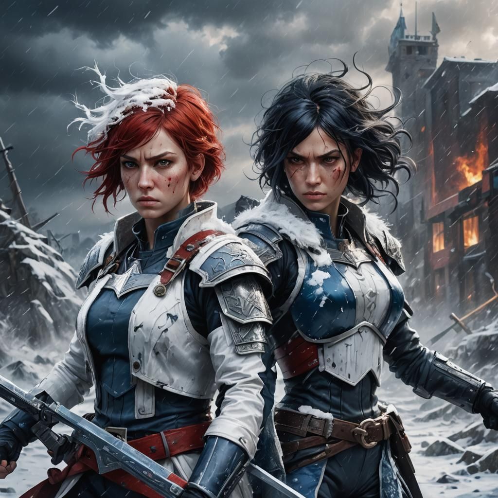 Sisters in Winter Battle: Hyperrealistic Splash Art