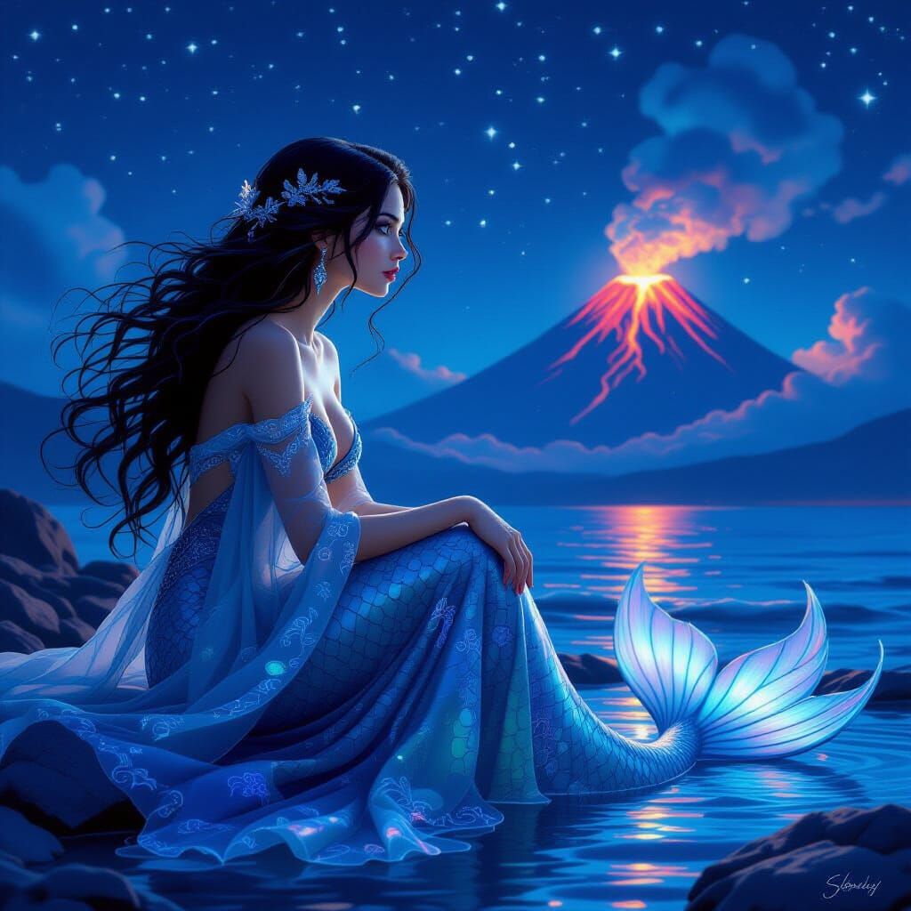 Mermaid Gazing at Volcano in Mystical Style