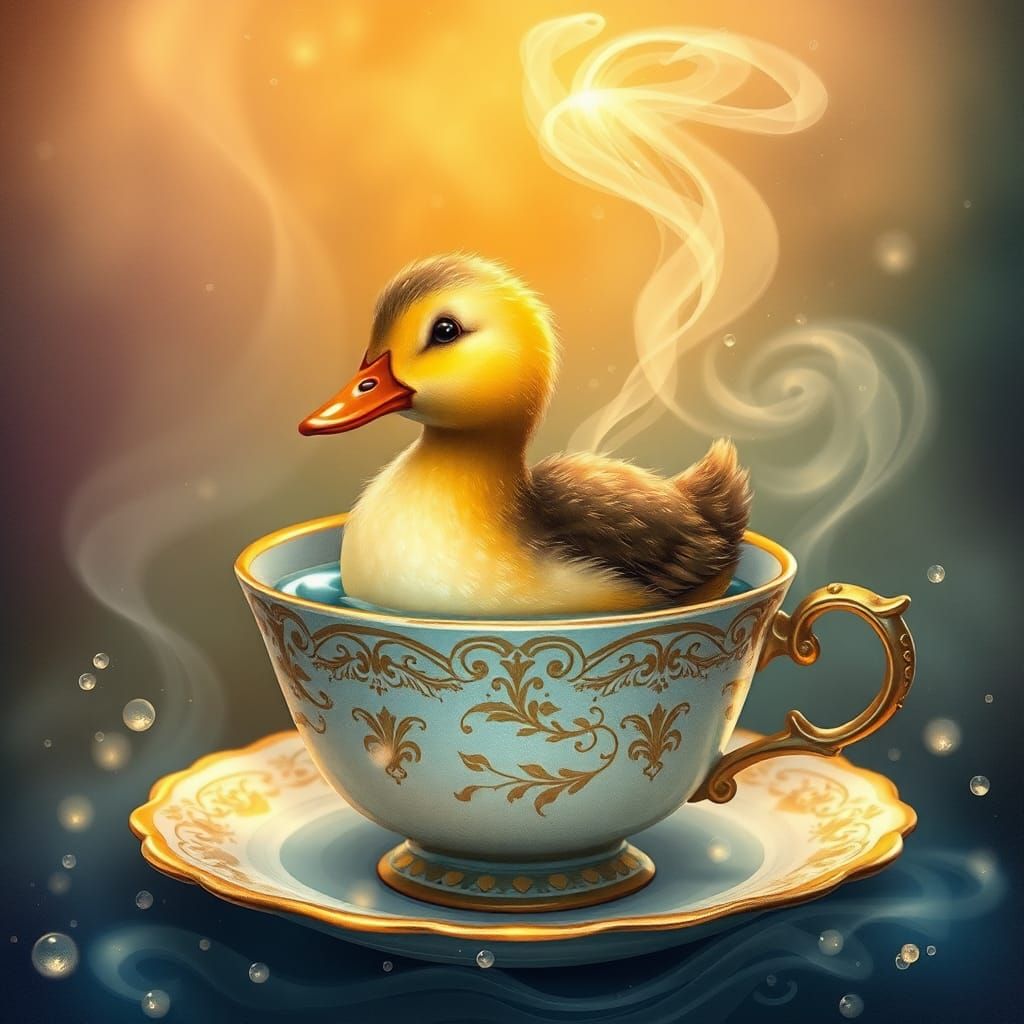 Whimsical Duckling in Teacup: A Dreamy Illustration