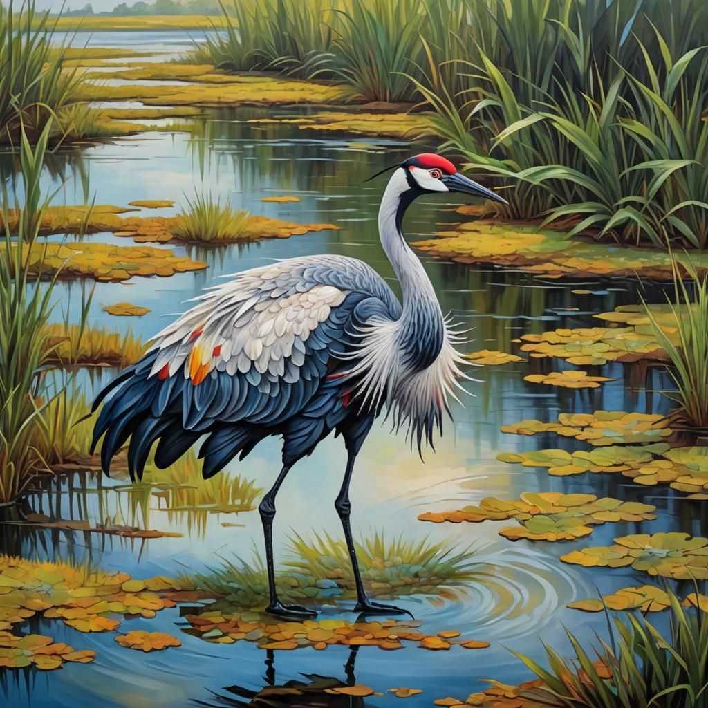 Crane in Marsh: Neo-Impressionistic Oil Painting