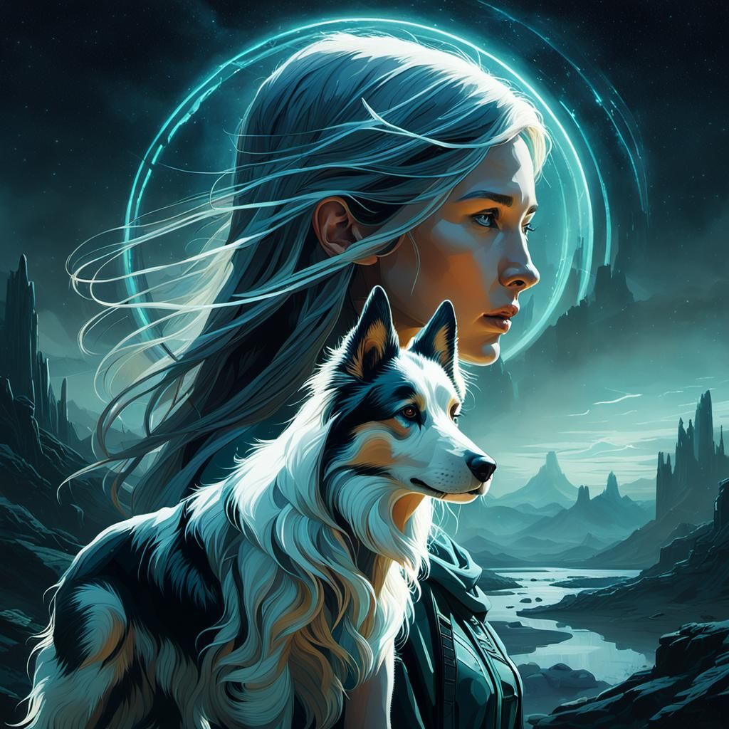 Elven Sorceress and Collie in Ethereal Collage Art