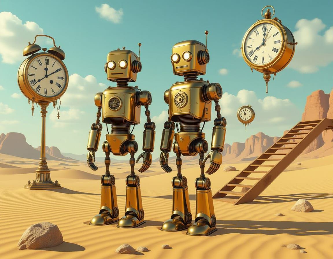 Surreal Robots in Dreamlike Desert Landscape