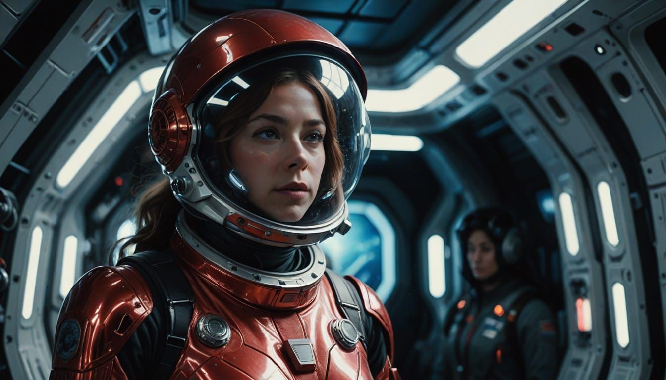 Serene Astronaut Woman in Futuristic Spacesuit, Beside Radia...