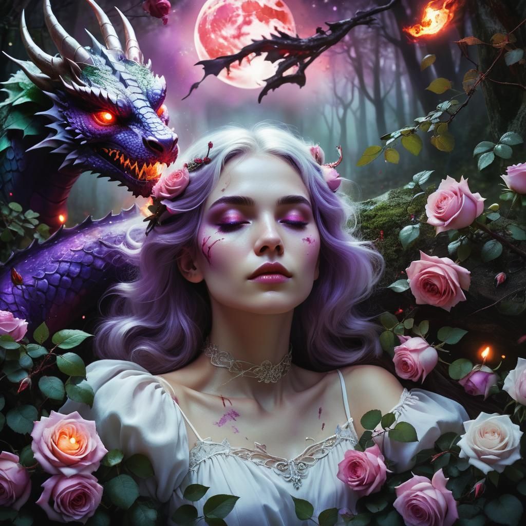 Fantasy Portrait of Girl, Dragon, and Blood Moon