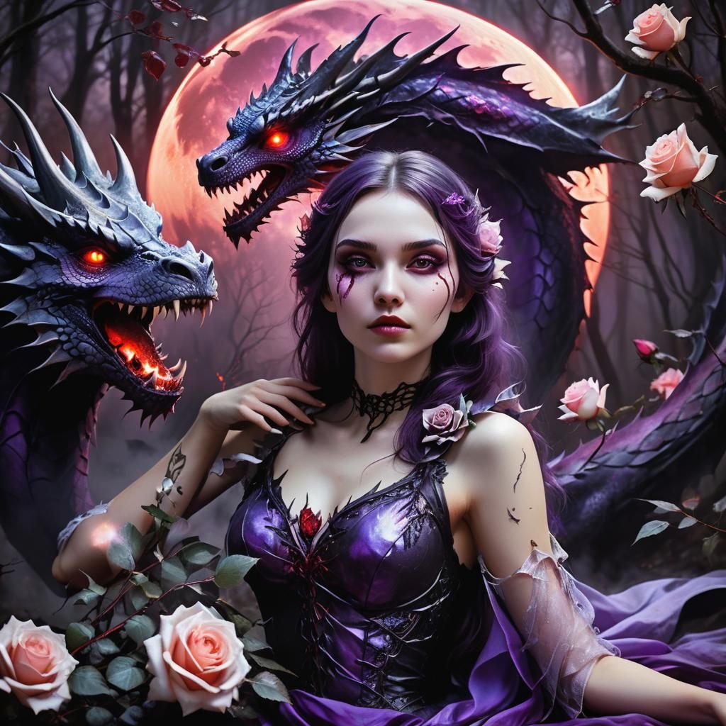Gothic Fantasy Portrait with Dragon and Blood Moon